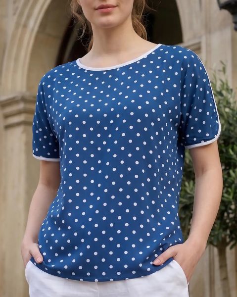 Contrast Trim Extended Sleeve Polka-Dot Print Top