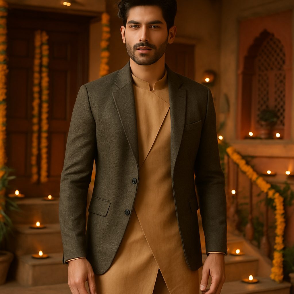Indian male model in asymmetrical kurta and layered jacket at a festive home.