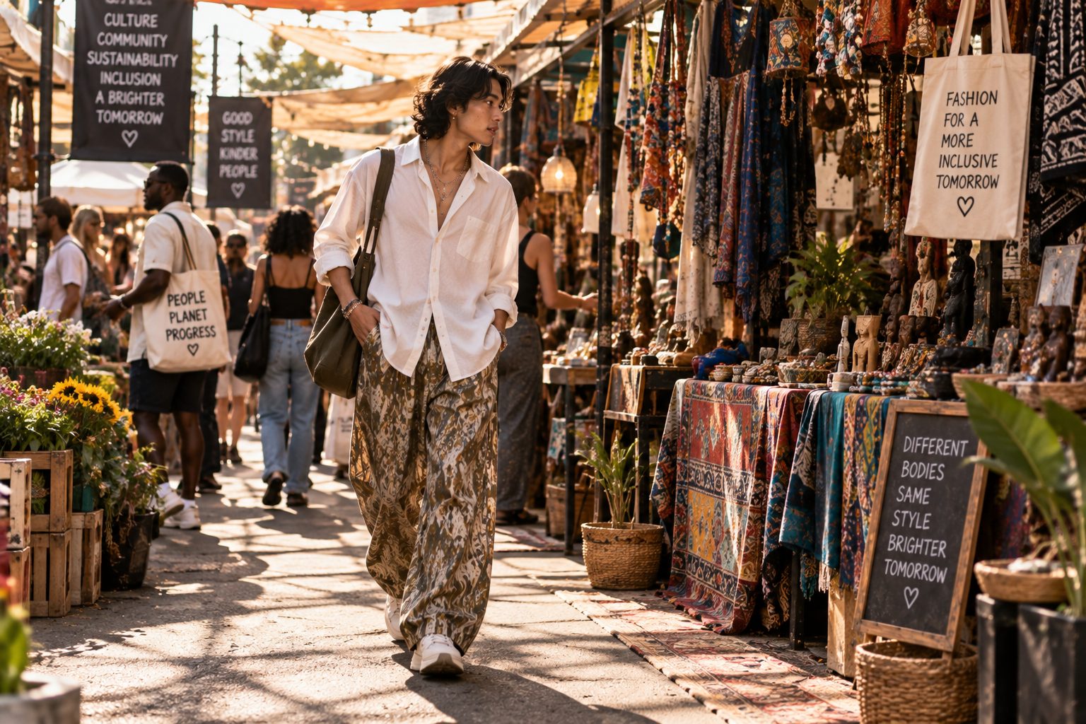 Model in oversized pants and white shirt walking through a vibrant market.