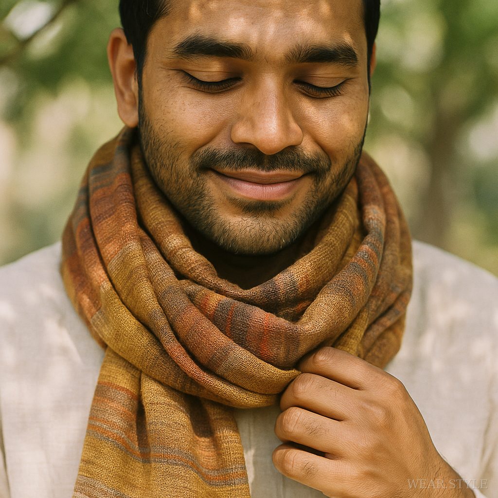 Close-up of Indian man adjusting hand-woven khadi scarf in natural light.