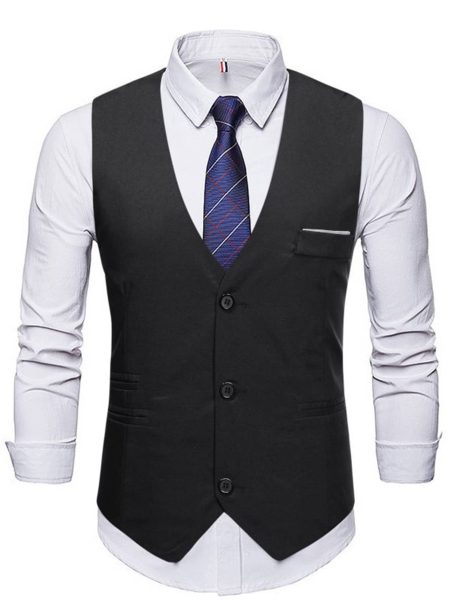 Black V-Neck Button Up Single Breasted Waistcoat