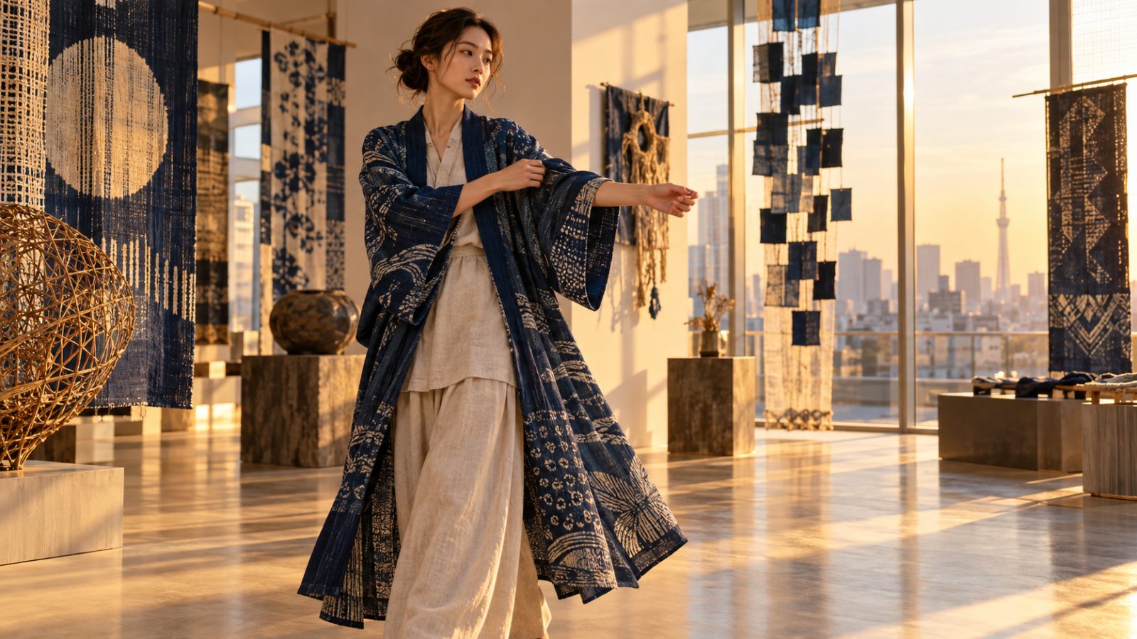 Model in a flowing indigo kimono, adjusting sleeves in a Tokyo gallery during golden hour.