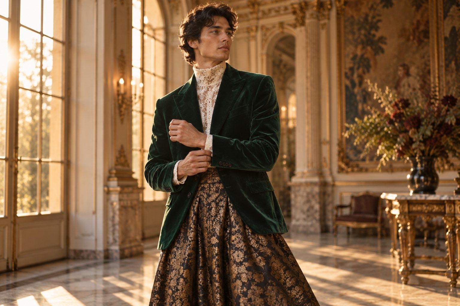 Model in emerald velvet and brocade layers, elegant indoor setting, warm golden hour light.