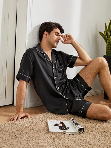 Black Contrast Piping Button Front Pyjama Sleepwear Set
