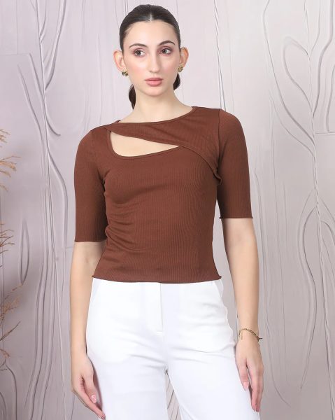 Short Sleeves Asymmetric Cut Out Ribbed Top