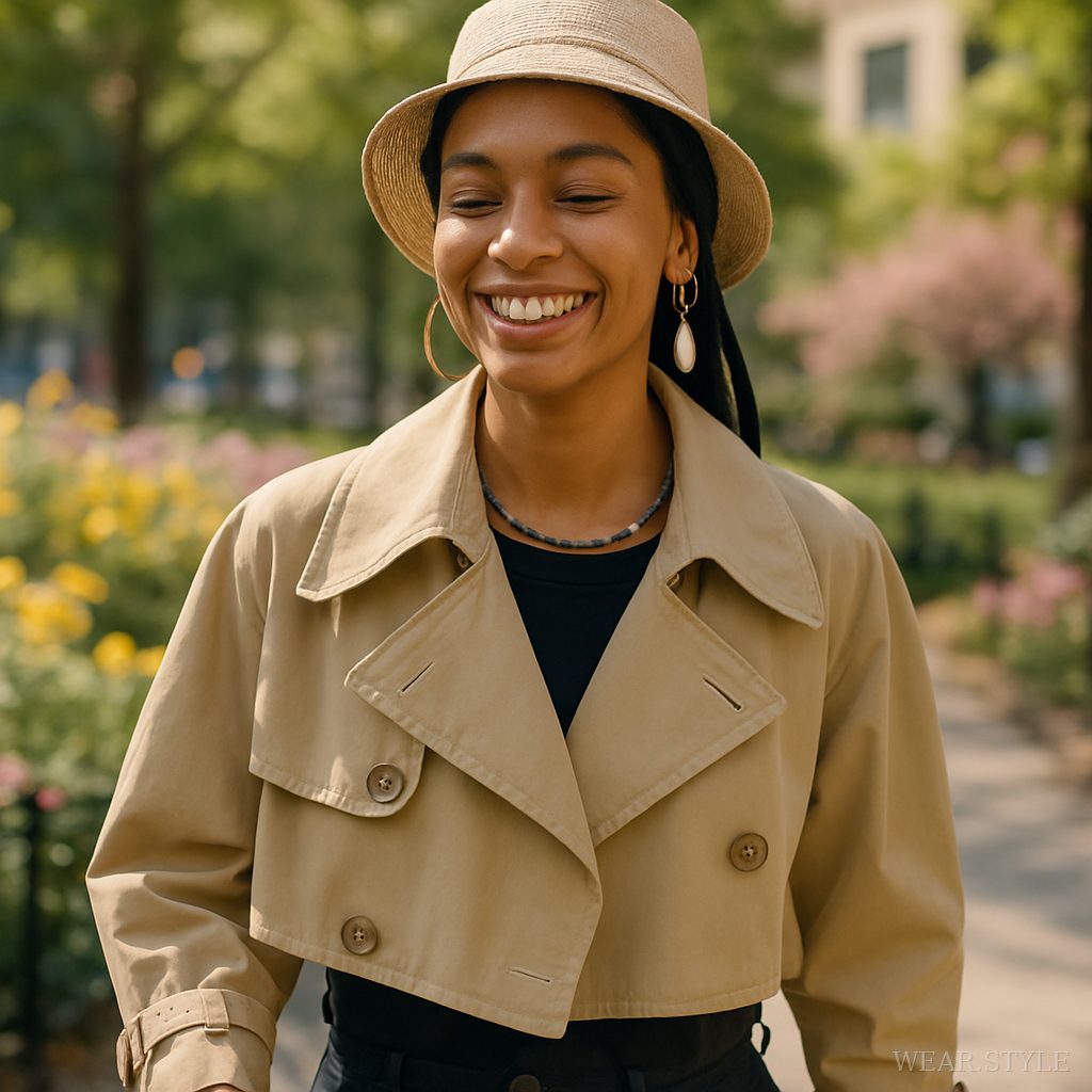 Close-up of a model in a stylish cropped trench coat, smiling in a sunlit park.
