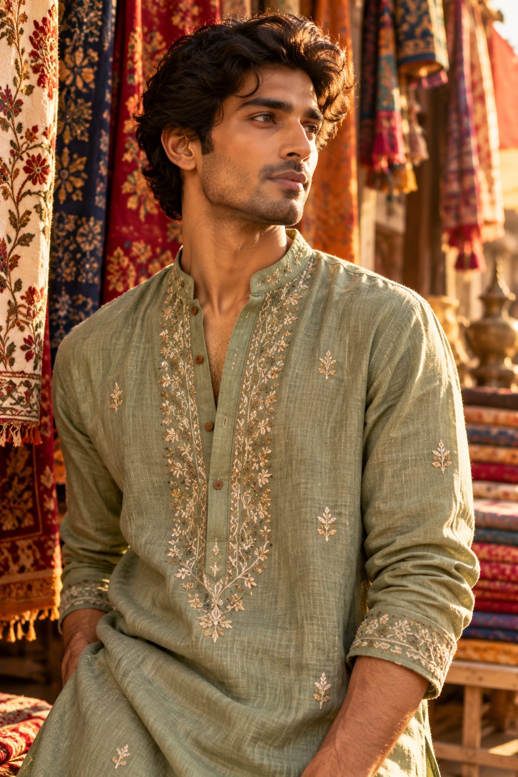 Indian male model in a linen kurta with intricate details, set against vibrant textiles.