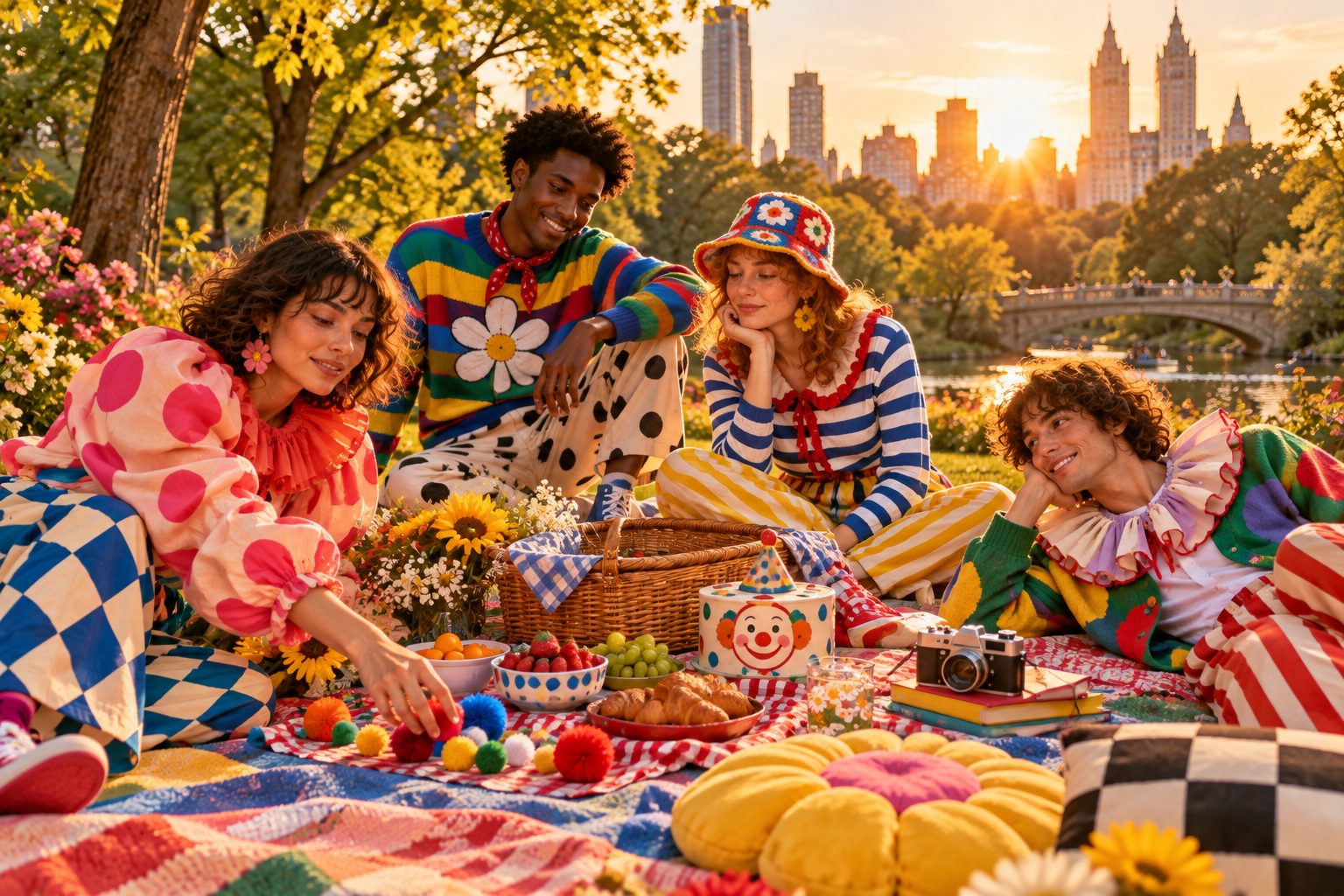 Group of friends in clowncore outfits enjoying a picnic in a vibrant park.