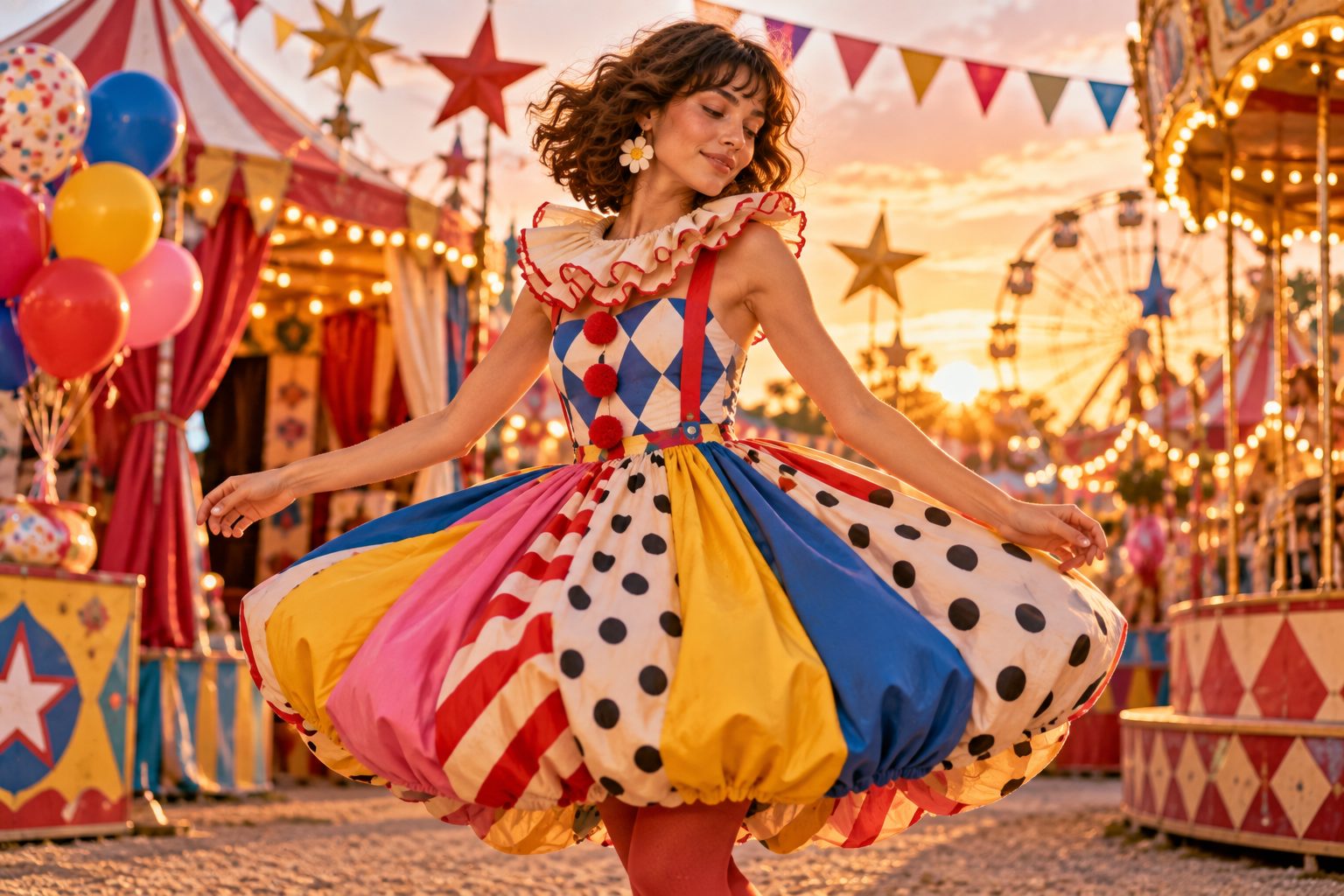 Model twirling in a colorful balloon skirt against carnival decorations.