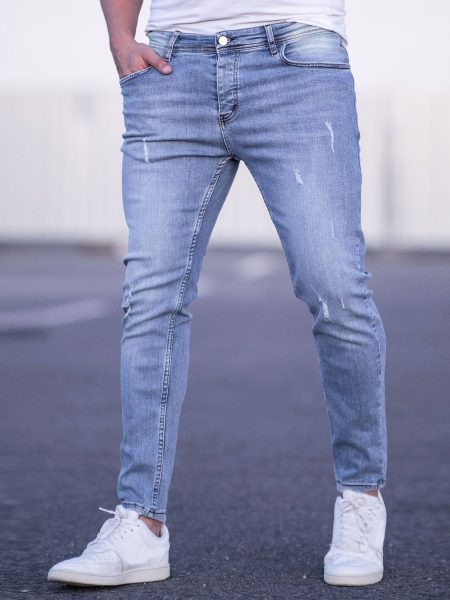 Blue Bleach Wash Cat Scratch Ripped Skinny Jeans