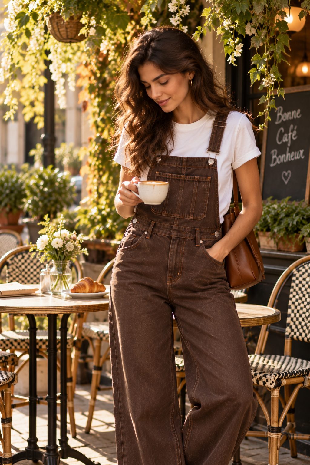 Model in chocolate-brown denim overalls enjoying coffee on a café terrace.