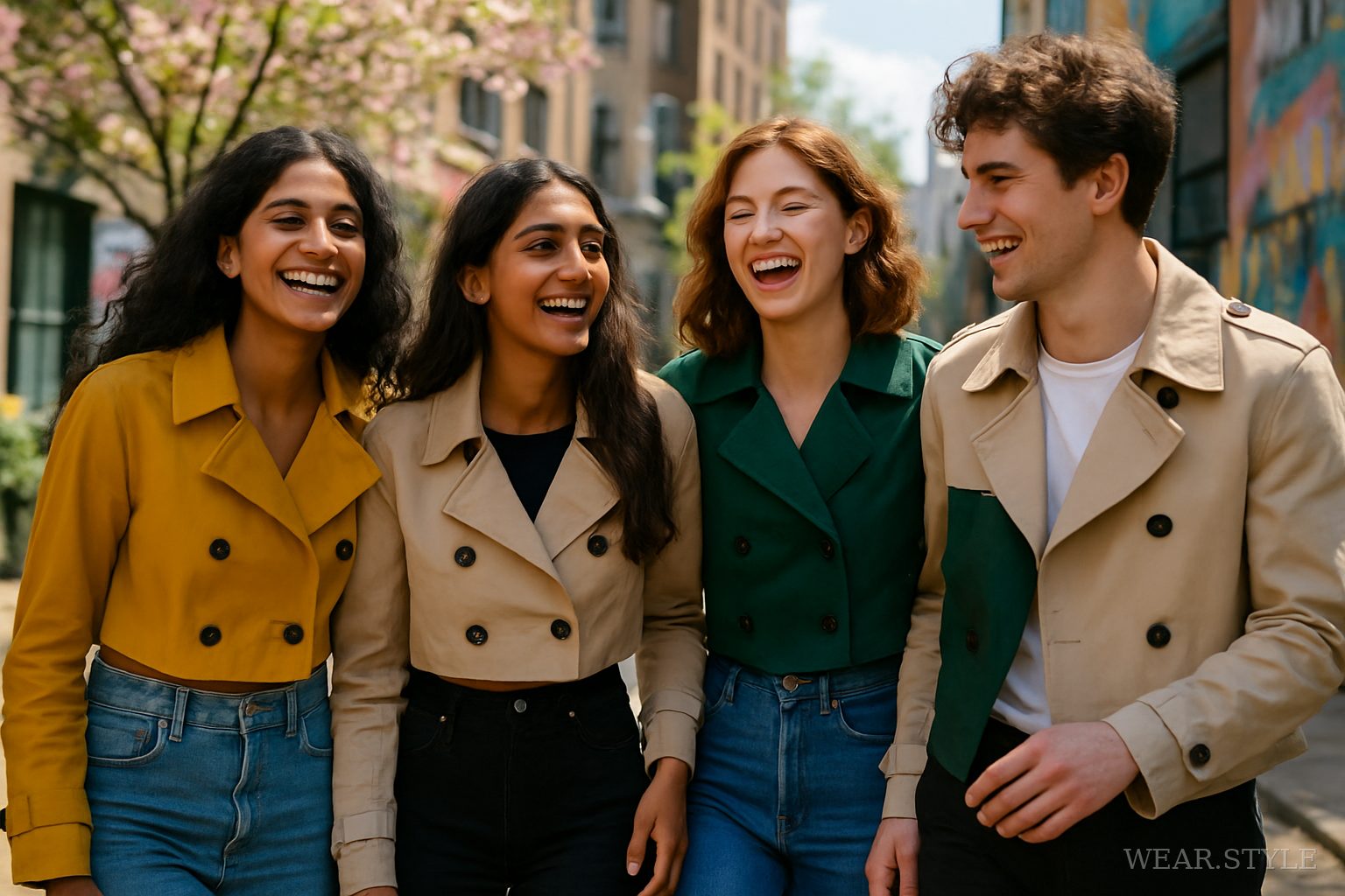 A lively street scene with models in cropped trench coats, showcasing spring fashion.