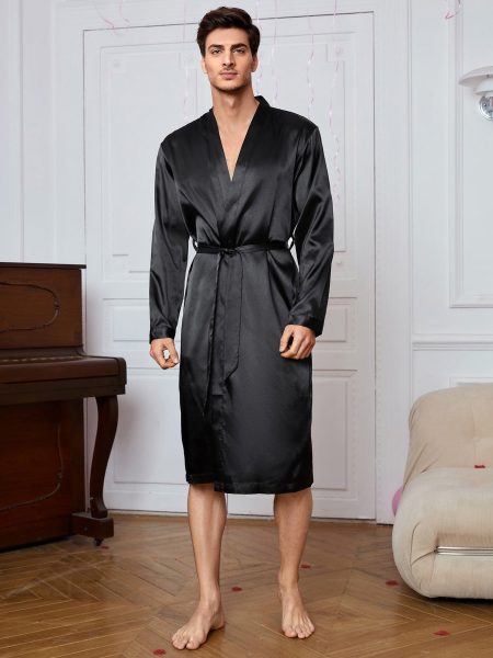 Black V-Neck Solid Belted Satin Sleepwear Robe