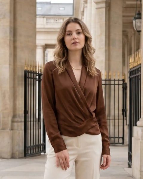 Deep V Neck Cuff Sleeve Back Tie-Up Wrap Top