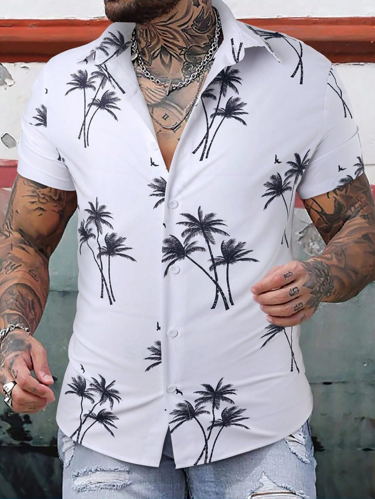 White Coconut Tree Print Button Front Short Sleeve Shirt