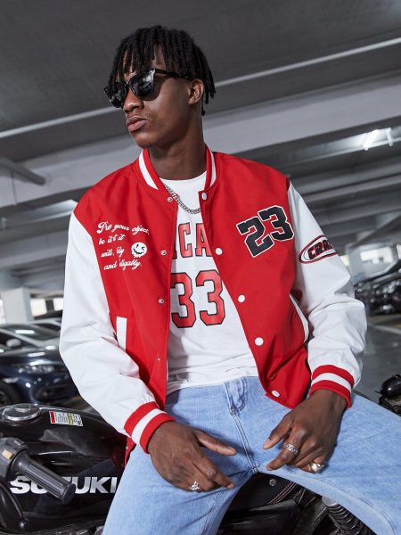 Red White Colour Block Slogan Graphic Single Breasted Bomber Jacket