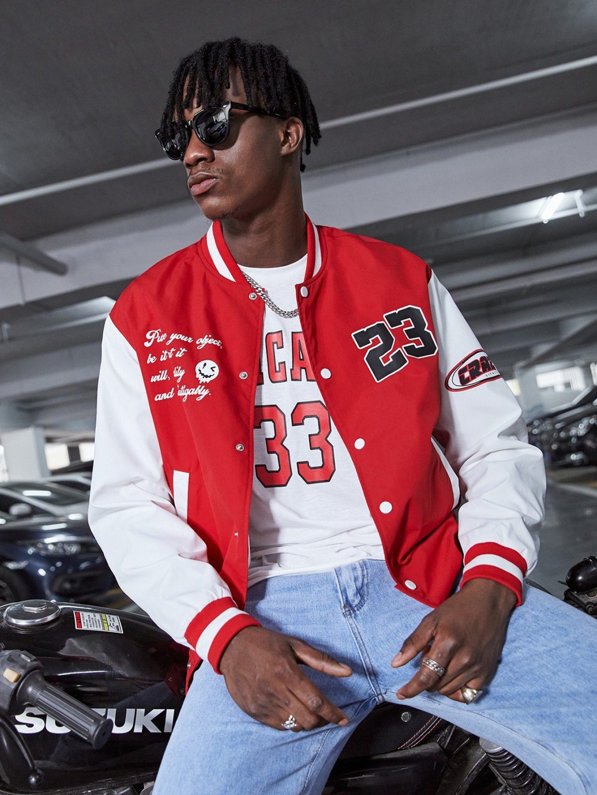 Red White Colour Block Slogan Graphic Single Breasted Bomber Jacket