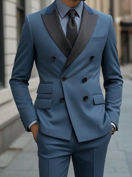 Navy Blue Colourblock Double Breasted Peak Lapel Blazer & Trouser Suit Set