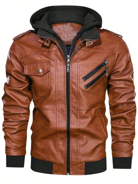 Zip Up Hooded PU Leather Jacket