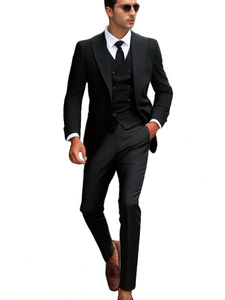 Men's Double Breasted Slim Fit Three-Piece Suit Set – Blazer, Vest & Trousers