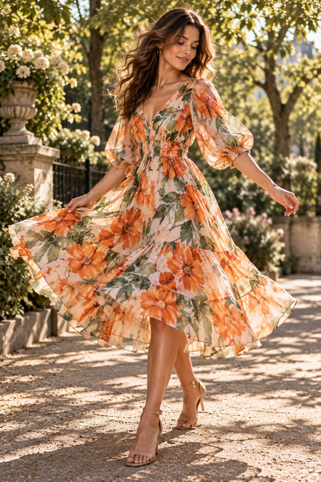 Woman twirls in vibrant floral midi dress, dappled sunlight creating a joyful motion