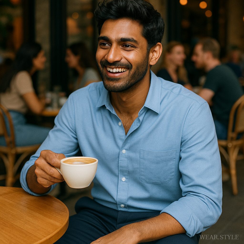 Indian male model in a sky blue shirt sitting at a trendy café, smiling.