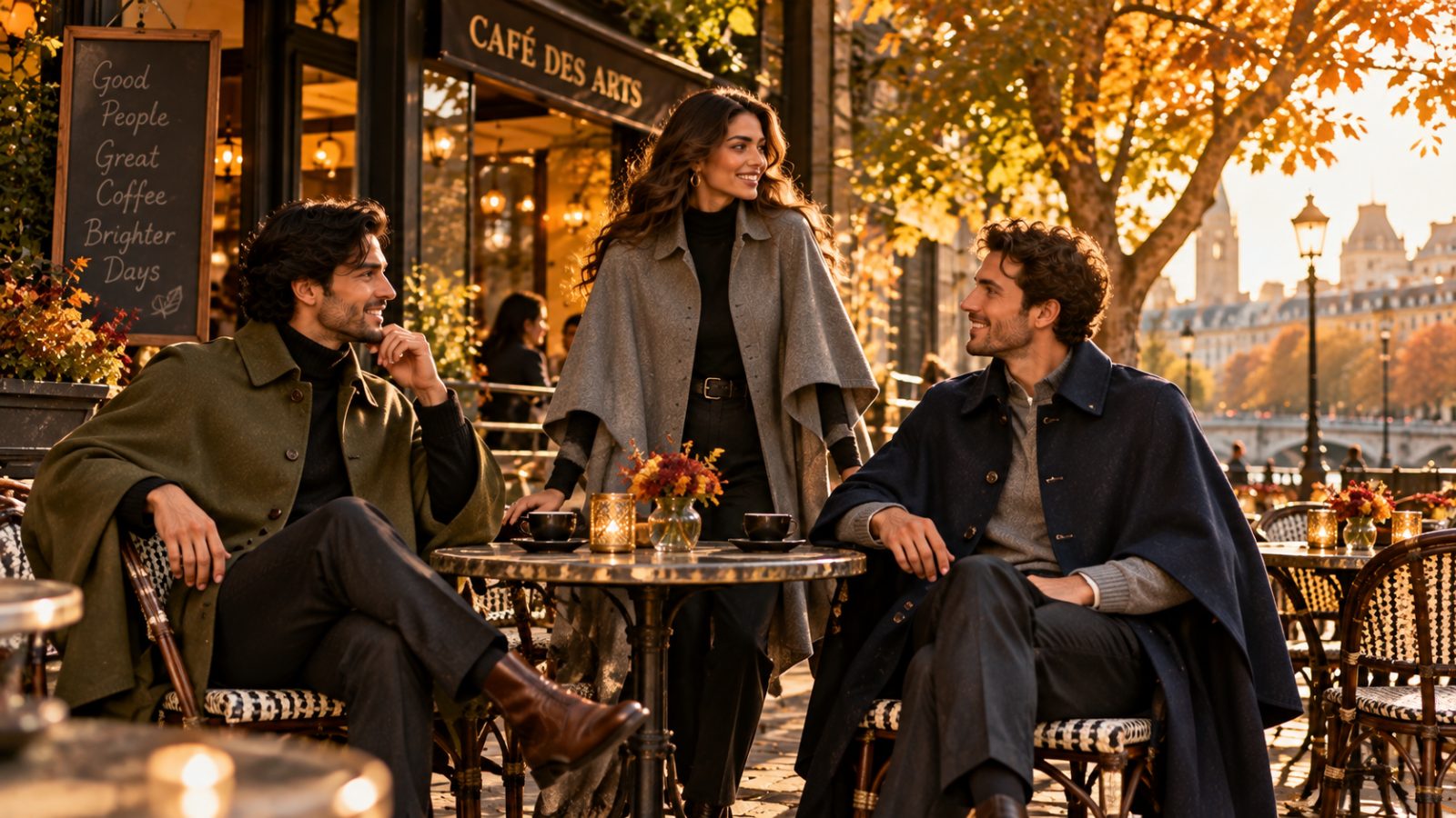 A group of friends in capes enjoying a conversation at an outdoor café.