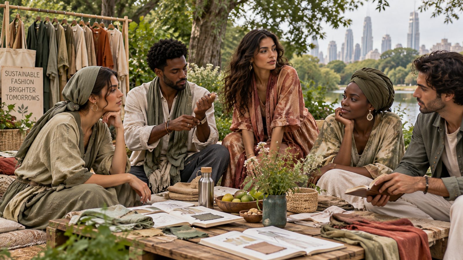 Diverse group discussing sustainable fashion in a park.