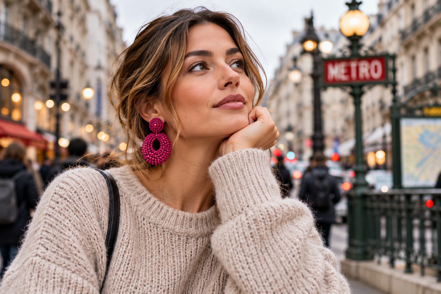 Close-up of model in fuchsia earrings and knit sweater in urban setting.