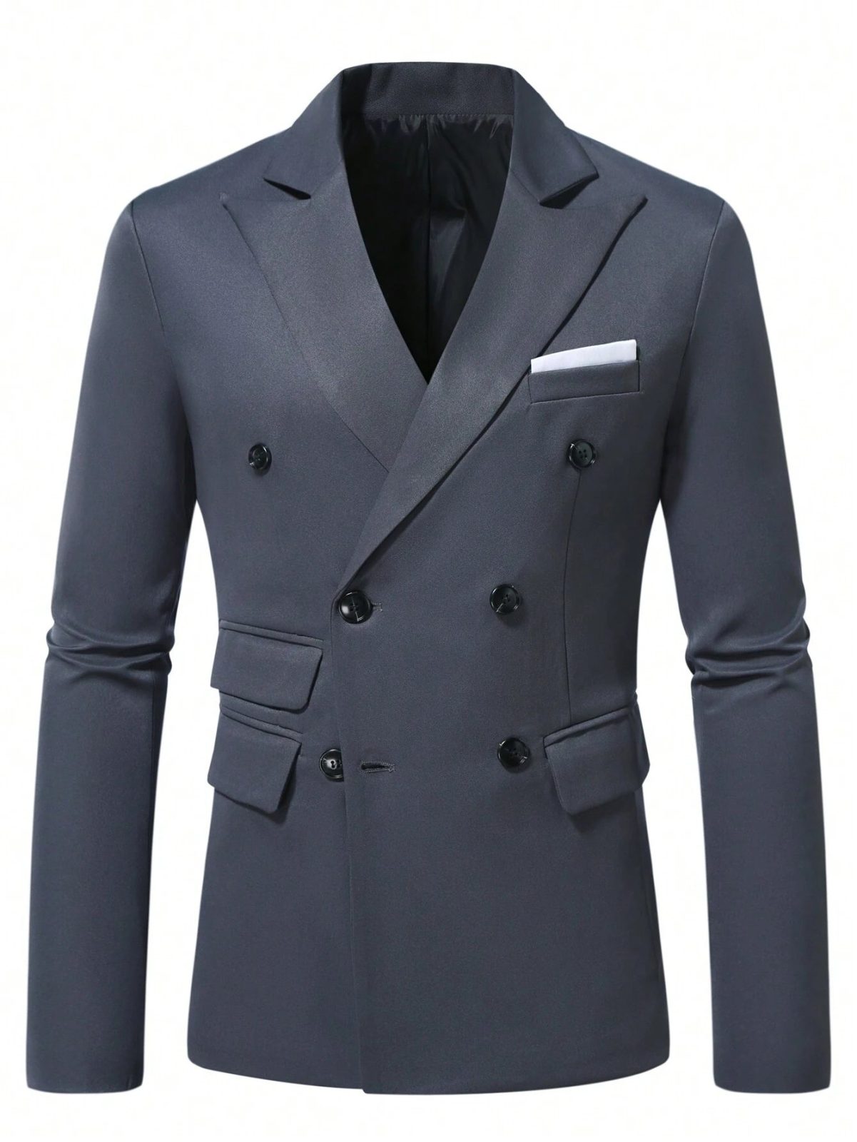 Men's Double-Breasted Stand Collar Business Blazer – Dark Grey, Structured & Commanding