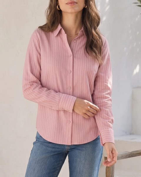 Spread Collar Full Sleeve Striped Short Shirt