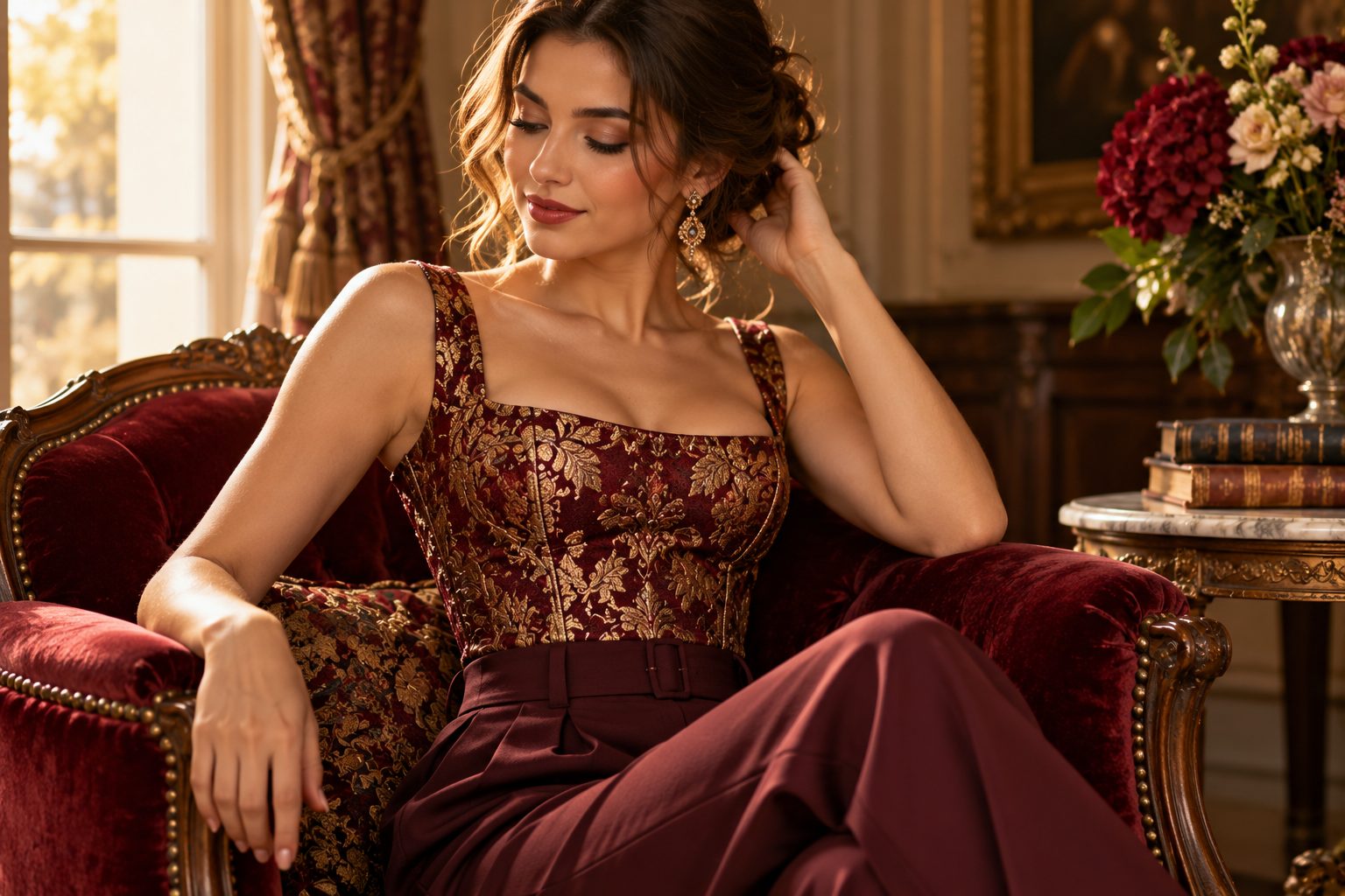Close-up of a woman in a burgundy brocade top, seated and adjusting her hair.