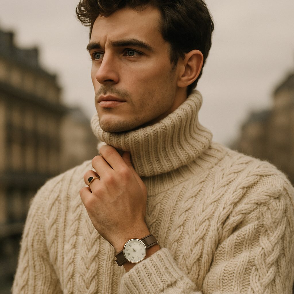 Close-up of male model in cable knit sweater, reflecting the poetcore aesthetic.